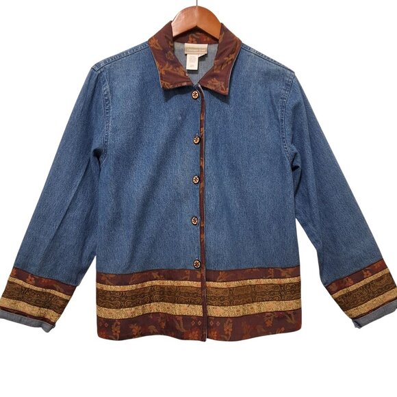 Coldwater Creek Equestrian-Themed Mixed Media Denim Jacket Womens S Western Boho - Picture 2 of 10